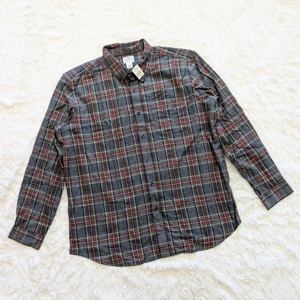 NWT L.L. Bean Grey Stewart Scotch Plaid Flannel Button Up Shirt Size XL - Picture 2 of 7